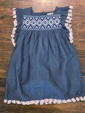 Sz 4-5 Chambray Tassel-Trim Dress with Embroidered Yoke
